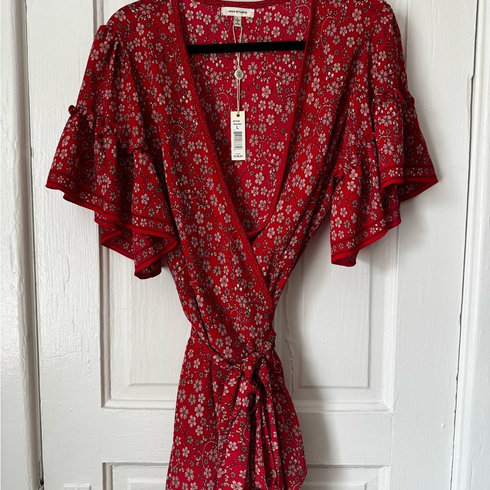 Max Studio Crimson Floral Wraparound Dress